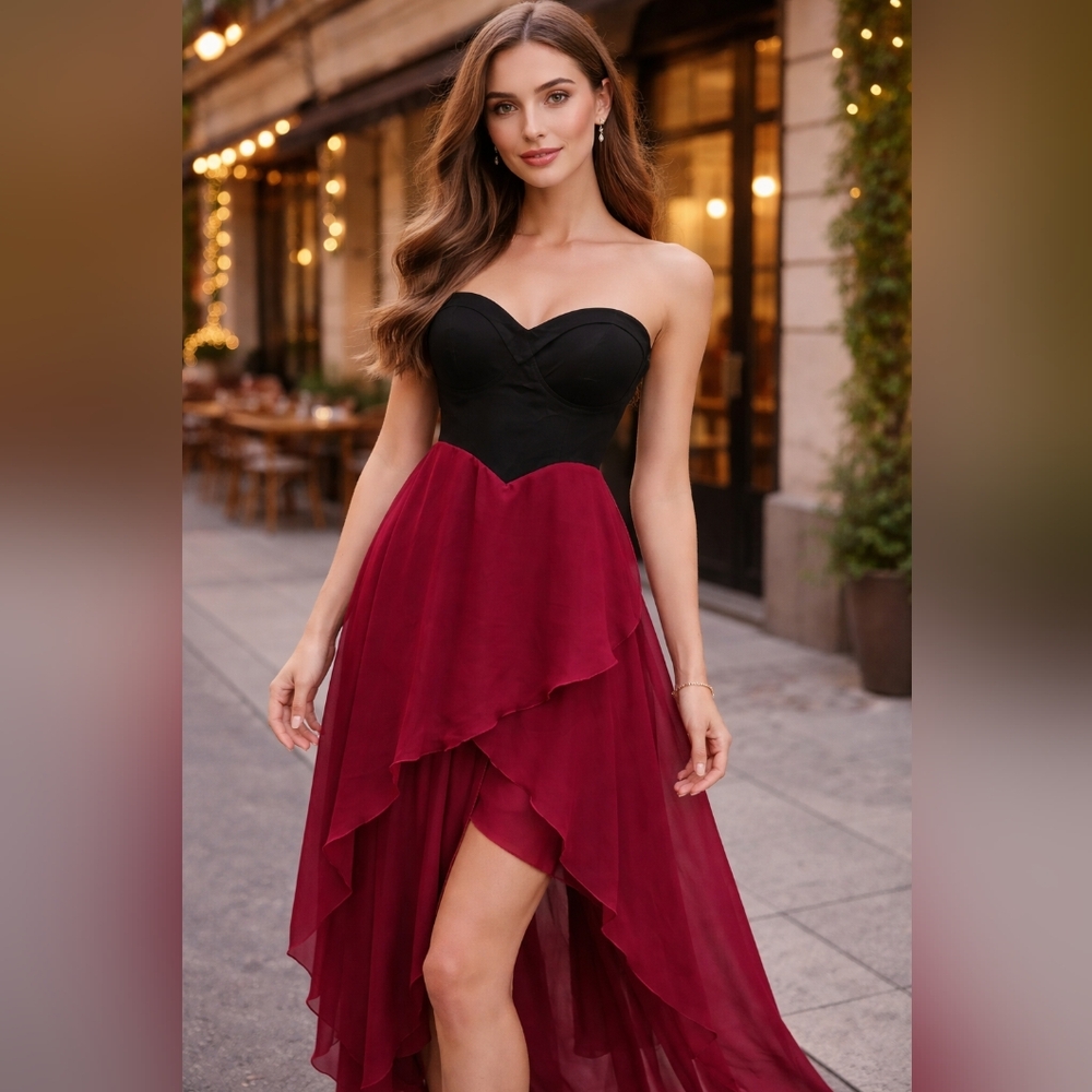 Strapless Black Bodice with Burgundy High-Low Skirt Evening Dress